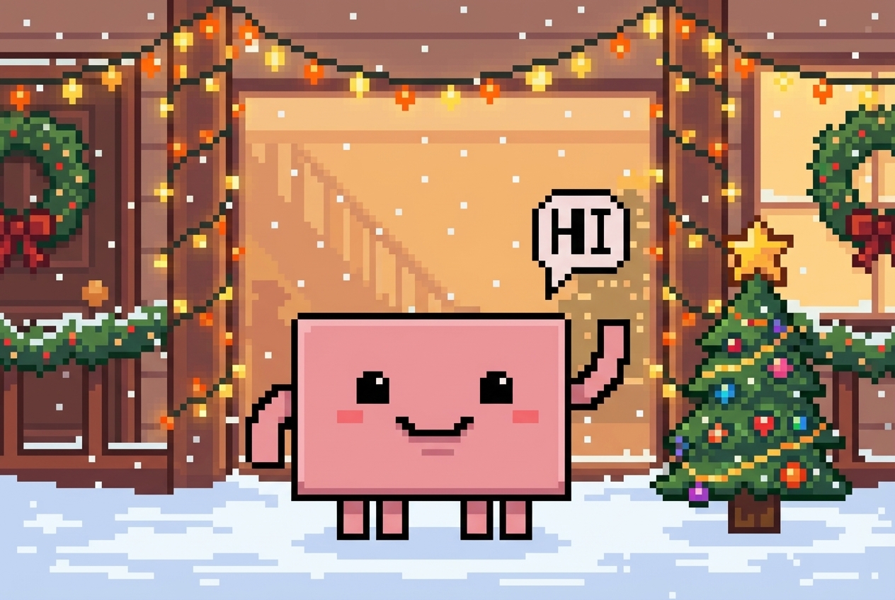 Claudio the pig saying hi in a festive Christmas scene